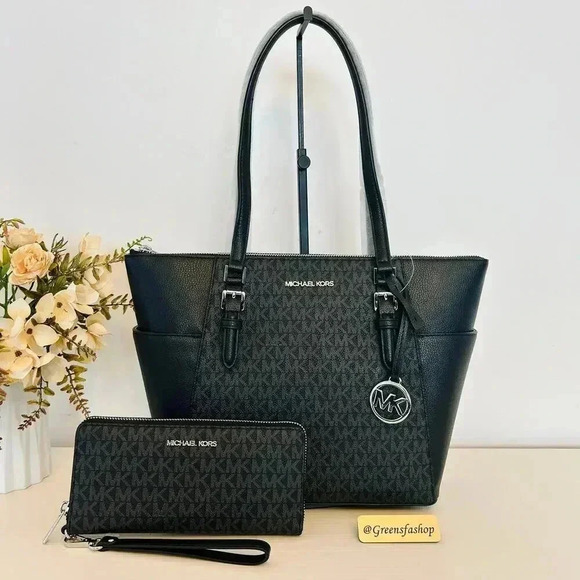 Michael Kors Purse & wallet Charlotte Top Zip Tote shoulder bag black signature - Picture 1 of 11